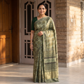 Green Bagru Hand Block Print Natural Dyed Modal Silk Saree, draped and worn by a woman, AI visual of the saree, iTokri