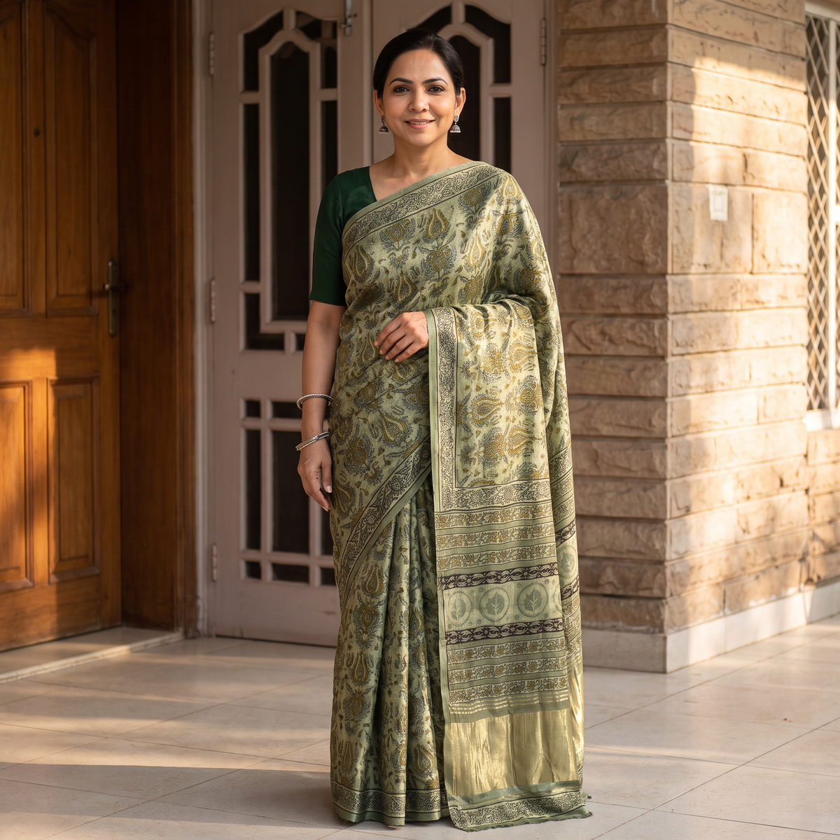 Green Bagru Hand Block Print Natural Dyed Modal Silk Saree, draped and worn by a woman, AI visual of the saree, iTokri