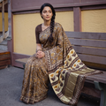 Brown Bagru Hand Block Print Natural Dyed Modal Silk Saree, draped and worn by a woman, AI visual of the saree, iTokri