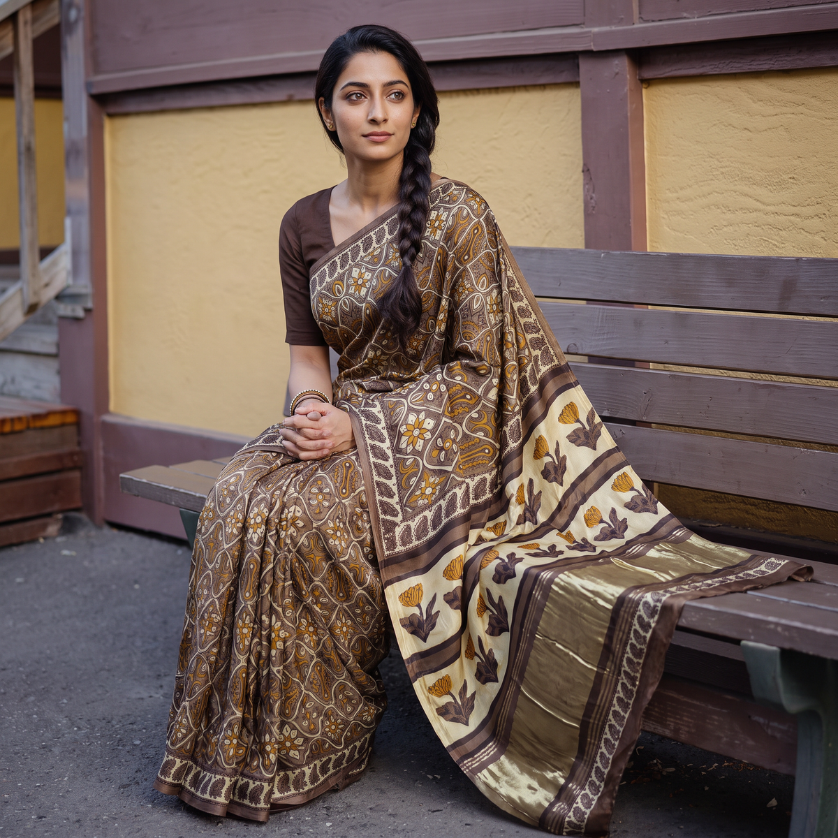 Brown Bagru Hand Block Print Natural Dyed Modal Silk Saree, draped and worn by a woman, AI visual of the saree, iTokri