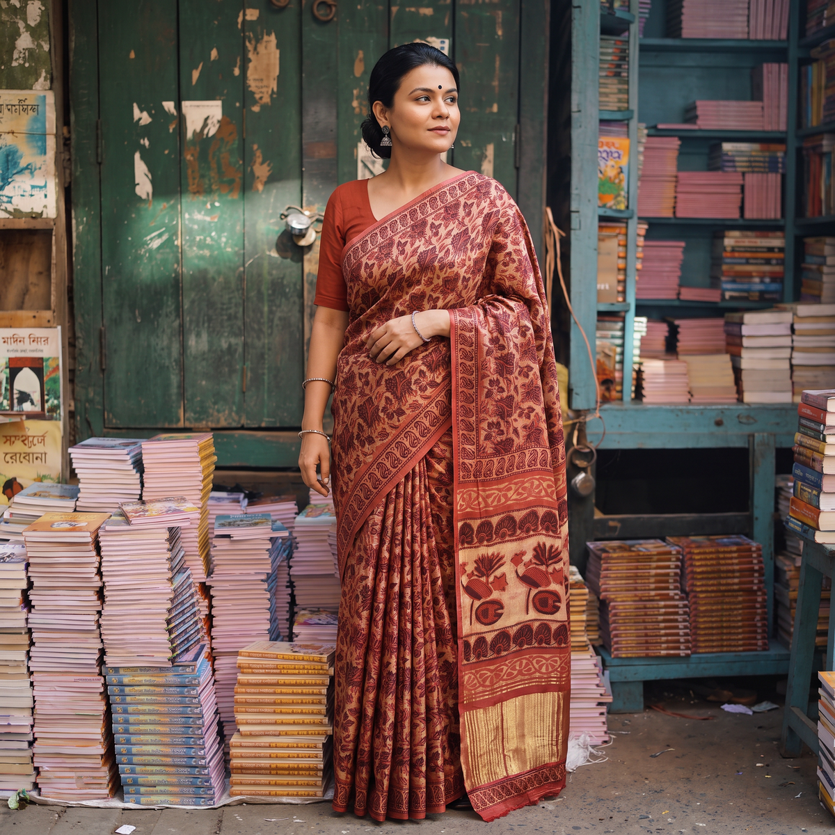 Red Bagru Hand Block Print Natural Dyed Modal Silk Saree, draped and worn by a woman, AI visual of the saree, iTokri