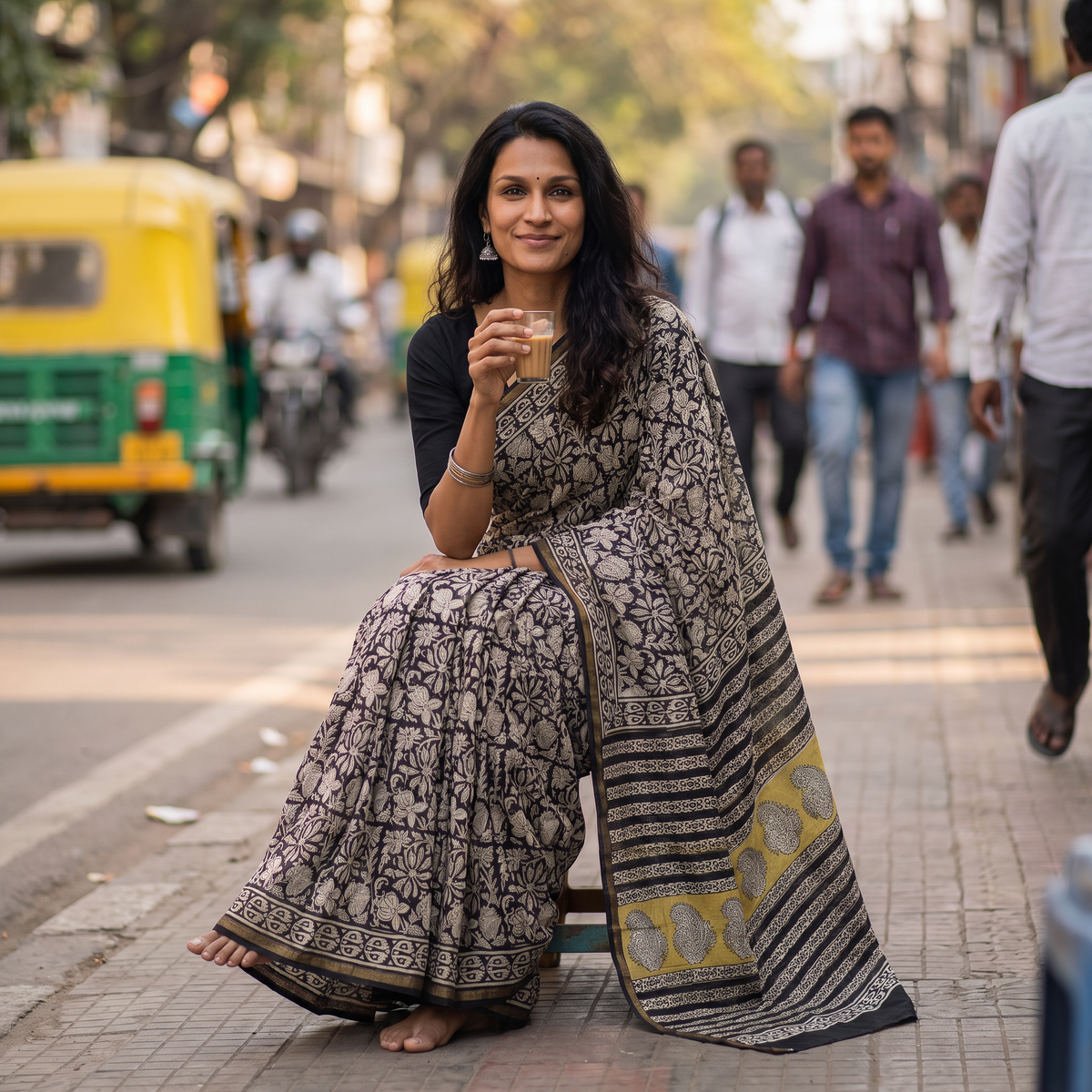 Black Bagru Hand Block Print Natural Dyed Mulberry Silk Saree, draped and worn by a woman, AI visual of the saree, iTokri