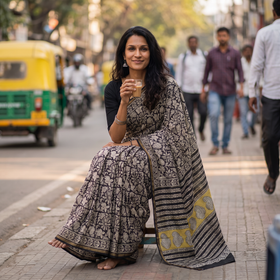 Black Bagru Hand Block Print Natural Dyed Mulberry Silk Saree, draped and worn by a woman, AI visual of the saree, iTokri
