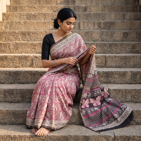 Pink Bagru Hand Block Print Natural Dyed Mulberry Silk Saree, draped and worn by a woman, AI visual of the saree, iTokri