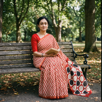 Red Bagru Hand Block Print Natural Dyed Mulberry Silk Saree, draped and worn by a woman, AI visual of the saree, iTokri