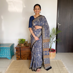 Blue Bagru Hand Block Print Natural Dyed Mulberry Silk Saree, draped and worn by a woman, AI visual of the saree, iTokri