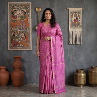 Pink Bagru Hand Block Print Natural Dyed Mulberry Silk Saree, draped and worn by a woman, AI visual of the saree, iTokri