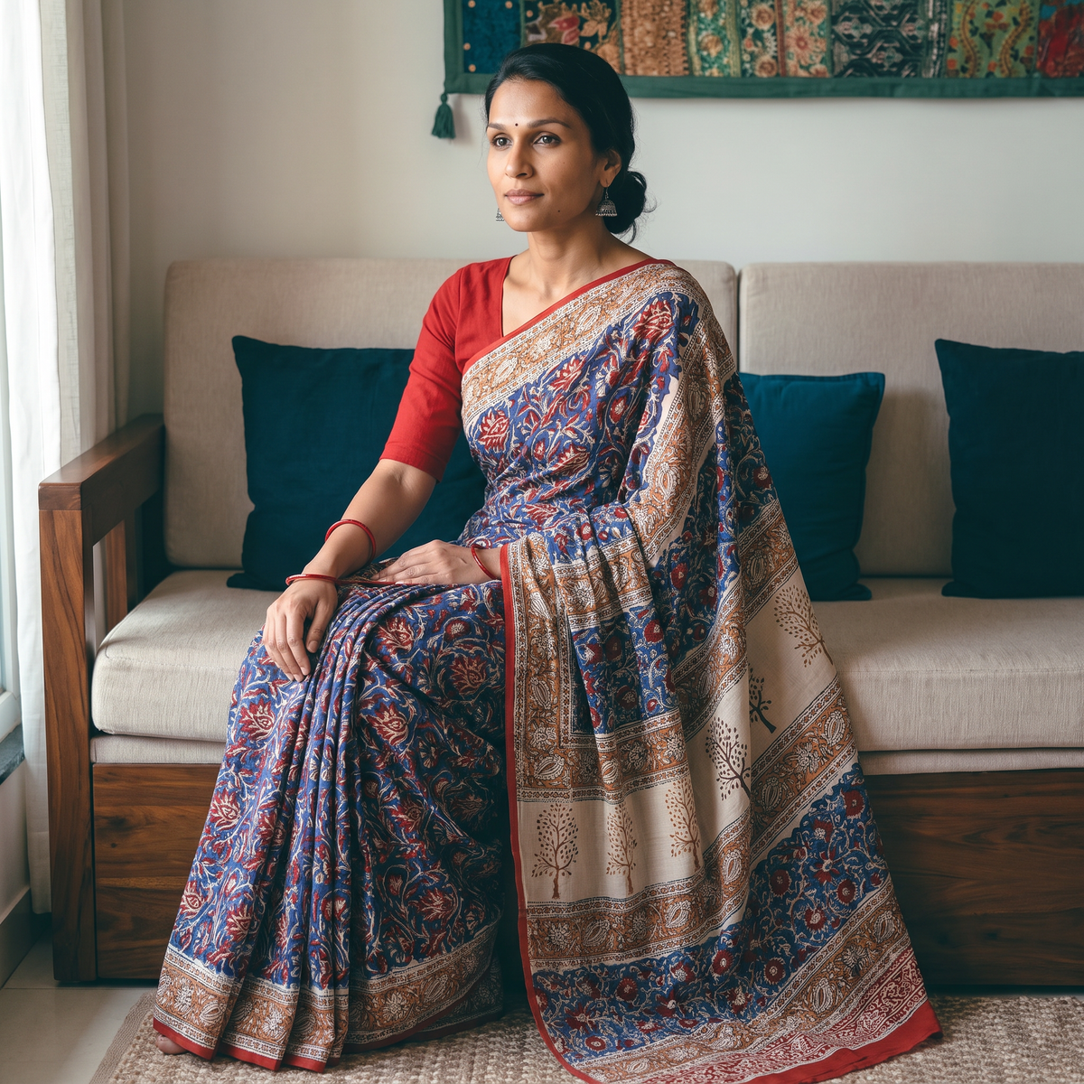 Blue Bagru Hand Block Print Pure Mul Cotton Ready To Wear Saree, draped and worn by a woman, AI visual of the saree, iTokri