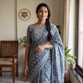Grey Bagru Hand Block Print Pure Mul Cotton Ready To Wear Saree, draped and worn by a woman, AI visual of the saree, iTokri