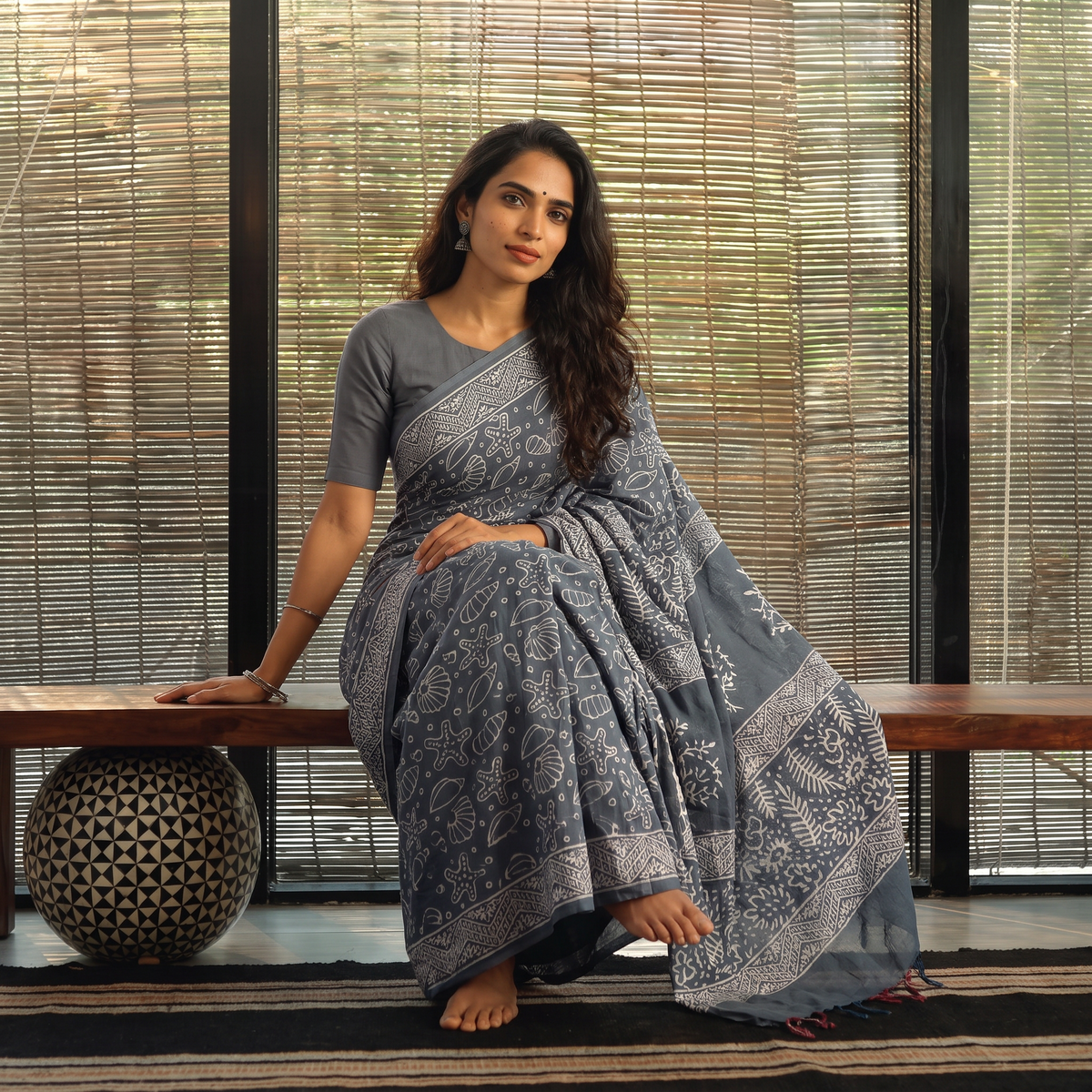 Grey Bagru Hand Block Print Pure Mul Cotton Ready To Wear Saree, draped and worn by a woman, AI visual of the saree, iTokri