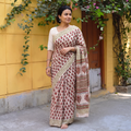 Off White Bagru Hand Block Print Pure Mul Cotton Ready To Wear Saree, draped and worn by a woman, AI visual of the saree, iTokri