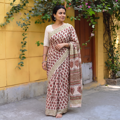 Off White Bagru Hand Block Print Pure Mul Cotton Ready To Wear Saree, draped and worn by a woman, AI visual of the saree, iTokri