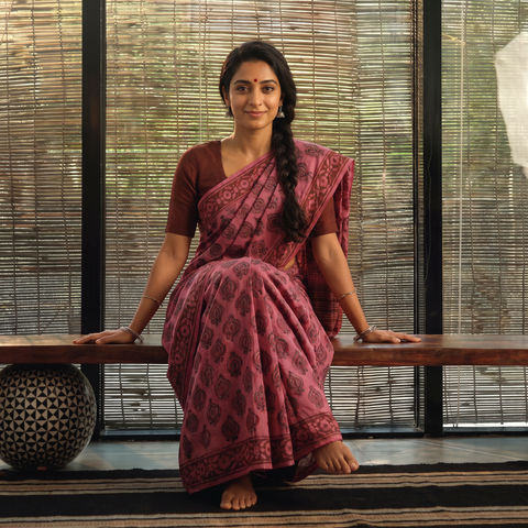 Pink Bagru Hand Block Print Pure Mul Cotton Ready To Wear Saree, draped and worn by a woman, AI visual of the saree, iTokri