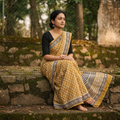Yellow Bagru Hand Block Print Pure Mul Cotton Ready To Wear Saree, draped and worn by a woman, AI visual of the saree, iTokri