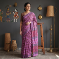 Purple Bagru Hand Block Print Pure Mul Cotton Ready To Wear Saree, draped and worn by a woman, AI visual of the saree, iTokri