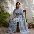 Grey Bagru Hand Block Print Pure Mul Cotton Ready To Wear Saree, draped and worn by a woman, AI visual of the saree, iTokri
