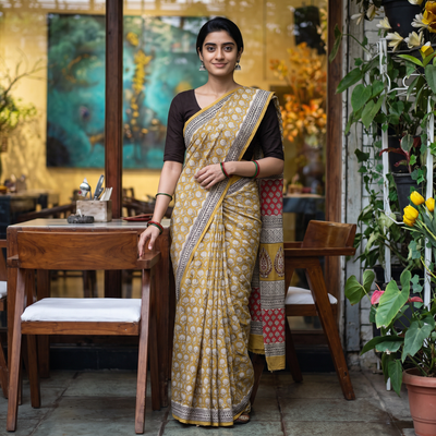Beige Bagru Hand Block Print Pure Mul Cotton Ready To Wear Saree, draped and worn by a woman, AI visual of the saree, iTokri