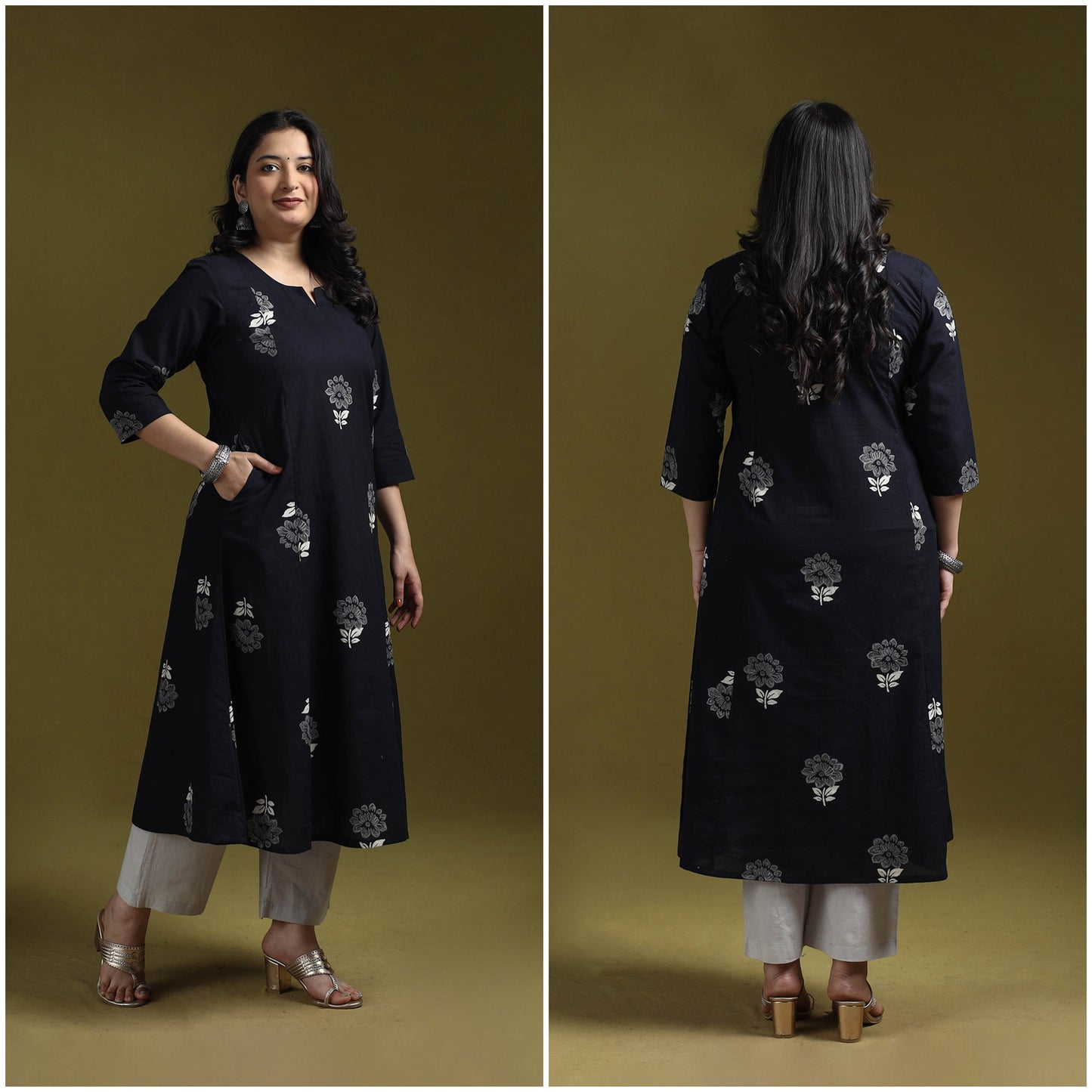Bagru hand block print syahi begar cotton a-line kurta