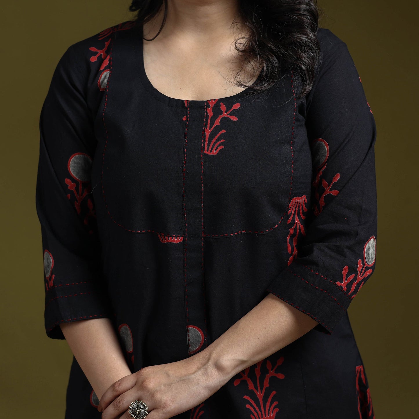 Bagru hand block print syahi begar embroidered cotton