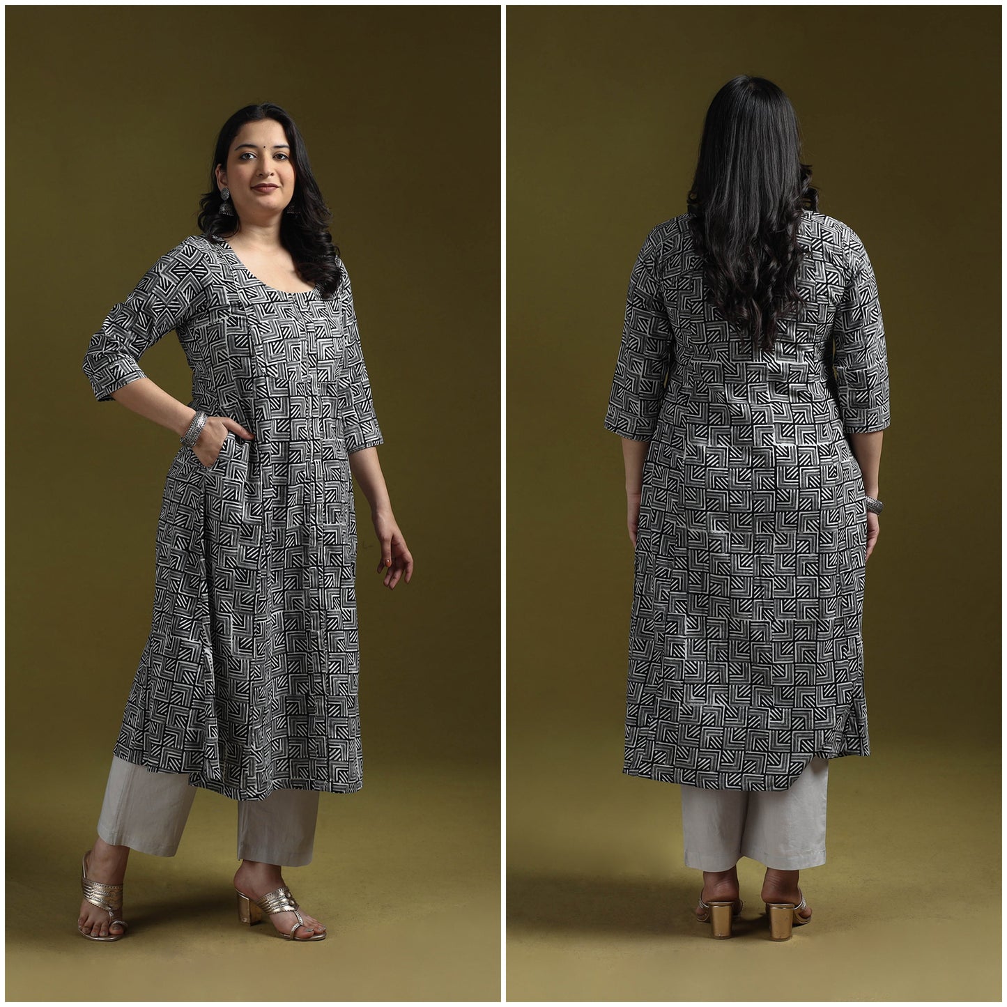 Bagru hand block print syahi begar embroidered cotton