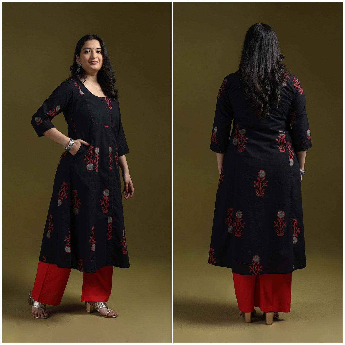 Bagru hand block print syahi begar embroidered cotton