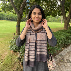 Brown Bagru Hand Block Printed Pure Wool Stole, worn by a woman, AI visual of the stole, iTokri