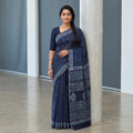 Blue Bagru Indigo Hand Block Print Natural Dyed Chanderi Silk Saree, draped and worn by a woman, AI visual of the saree, iTokri