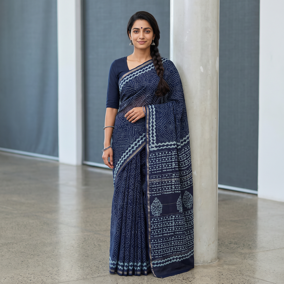 Blue Bagru Indigo Hand Block Print Natural Dyed Chanderi Silk Saree, draped and worn by a woman, AI visual of the saree, iTokri