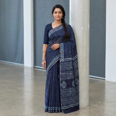 Blue Bagru Indigo Hand Block Print Natural Dyed Chanderi Silk Saree, draped and worn by a woman, AI visual of the saree, iTokri