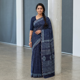 Blue Bagru Indigo Hand Block Print Natural Dyed Chanderi Silk Saree, draped and worn by a woman, AI visual of the saree, iTokri