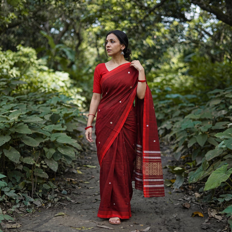 Maroon Bamboo Silk Thread Buti Assam Pure Handwoven Saree with Blouse Piece, draped and worn by a woman, AI visual of the saree, iTokri