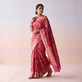 Pink Banarasi Pure Handwoven Georgette Meena Buti Zari Jaal Work Saree, draped and worn by a woman, AI visual of the saree, iTokri