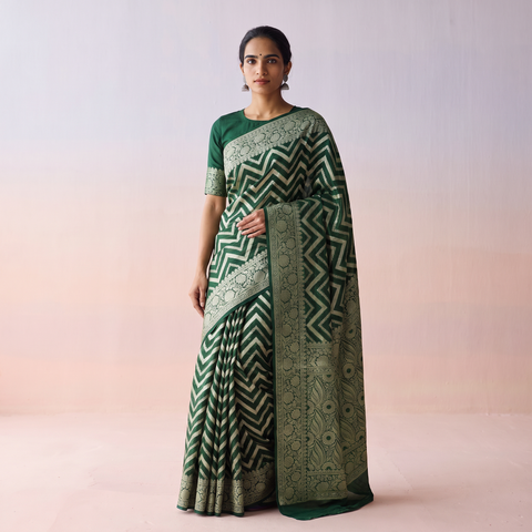 Green Banarasi Pure Handwoven Georgette Meena Buti Zari Jaal Work Saree, draped and worn by a woman, AI visual of the saree, iTokri