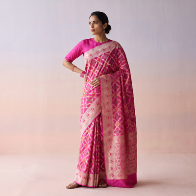 Pink Banarasi Pure Handwoven Georgette Meena Buti Zari Jaal Work Saree, draped and worn by a woman, AI visual of the saree, iTokri