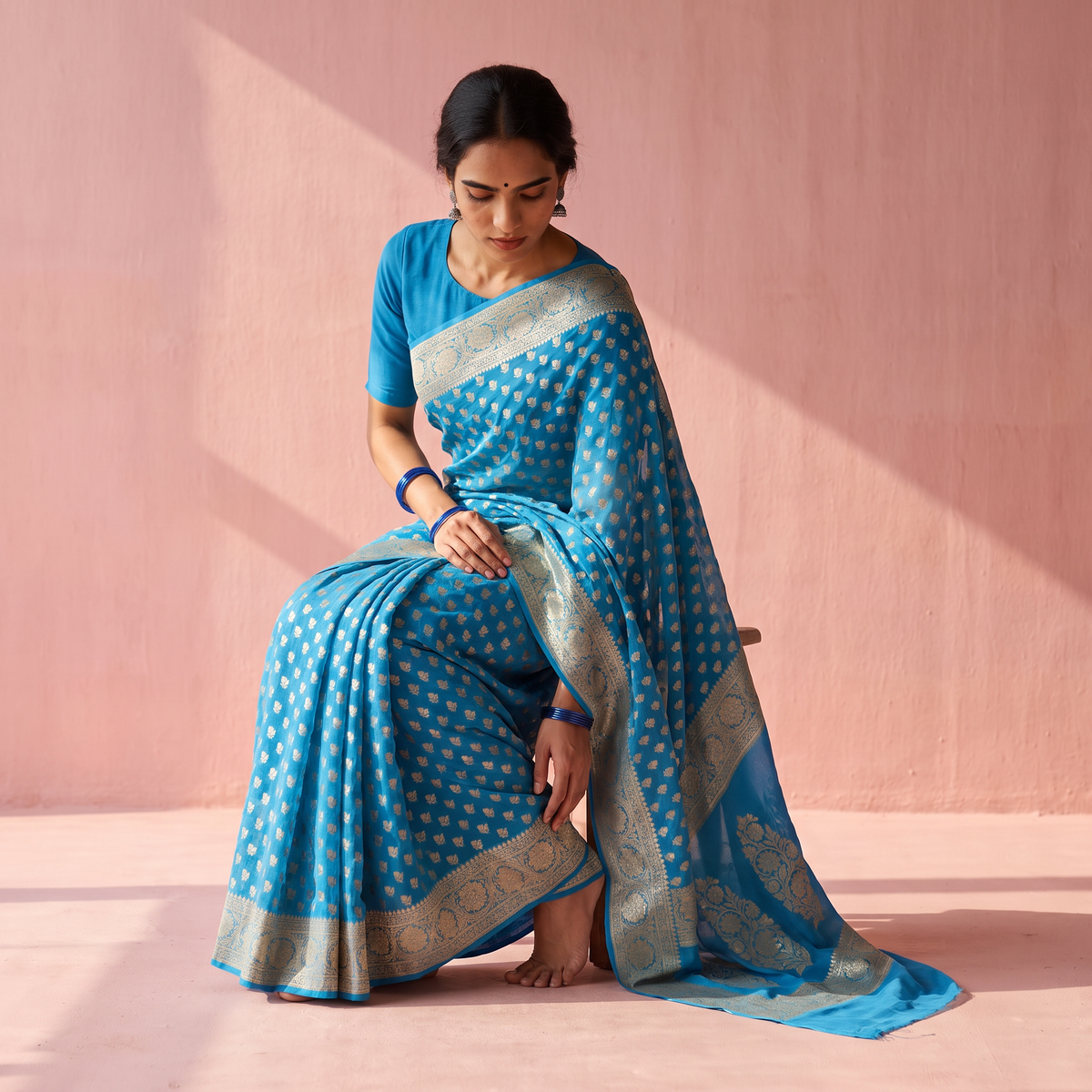 Blue Banarasi Pure Handwoven Georgette Zari Work Saree, draped and worn by a woman, AI visual of the saree, iTokri