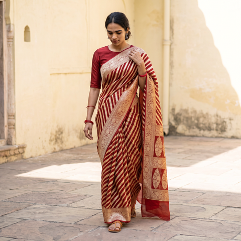 Red Banarasi Pure Handwoven Georgette Zari Work Saree, draped and worn by a woman, AI visual of the saree, iTokri