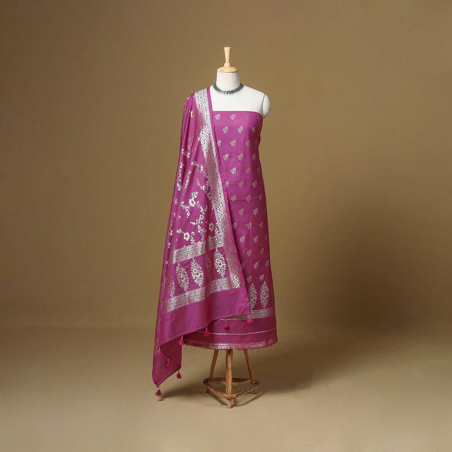 Banarasi silk zari work meena buti 3pc unstitched dress