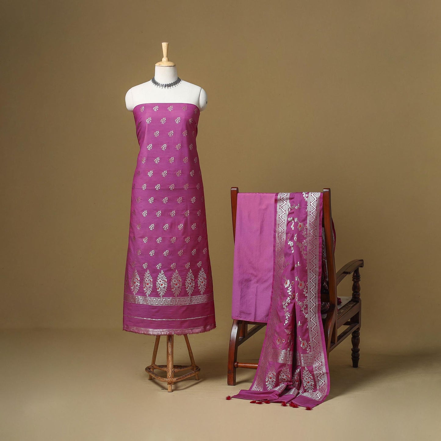 Banarasi silk zari work meena buti 3pc unstitched dress