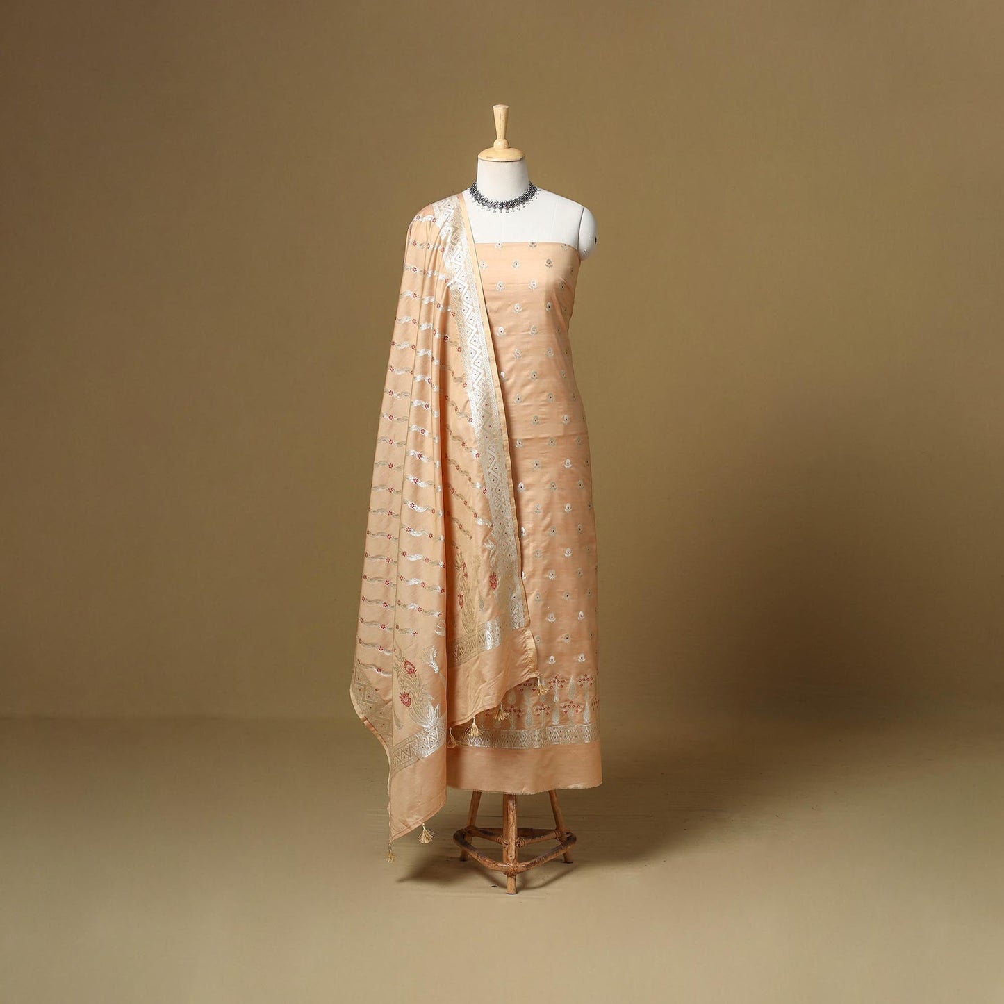 Banarasi silk zari work meena buti 3pc unstitched dress