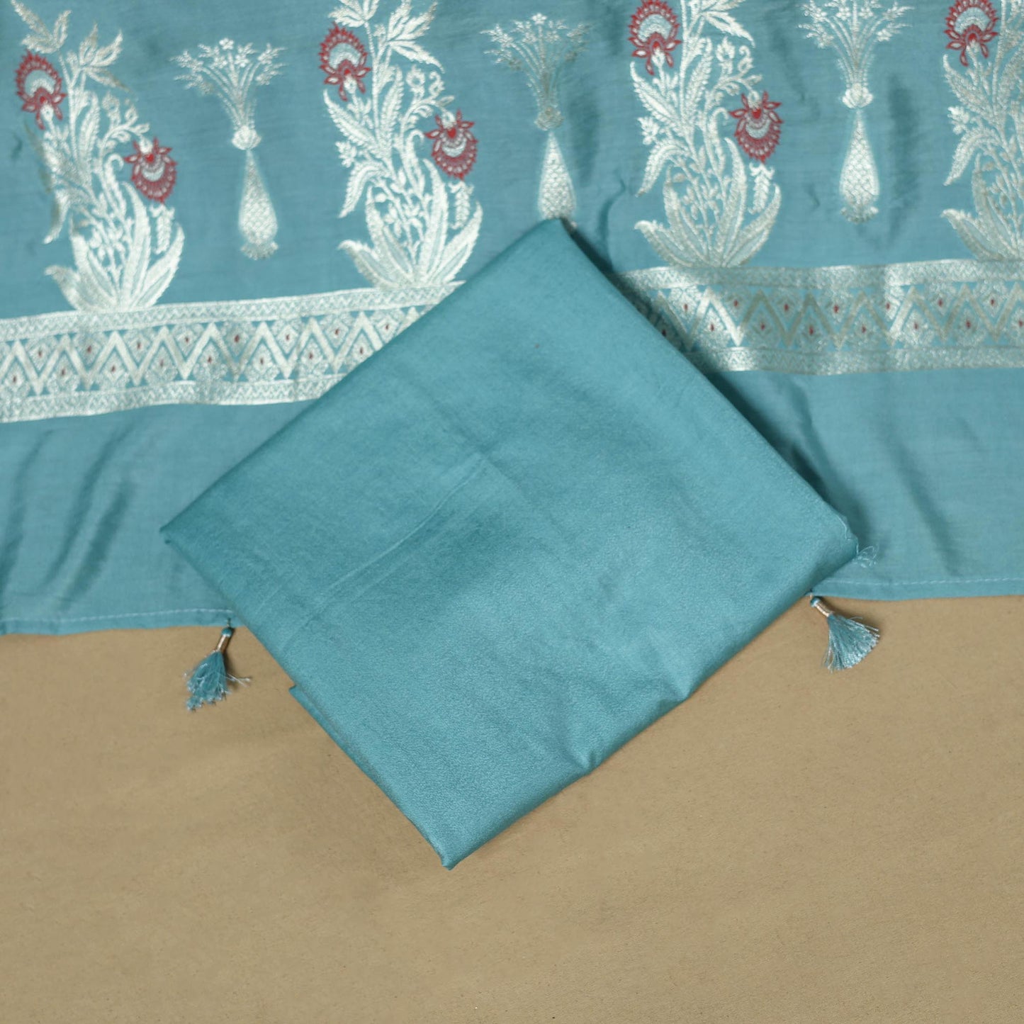 Banarasi silk zari work meena buti 3pc unstitched dress