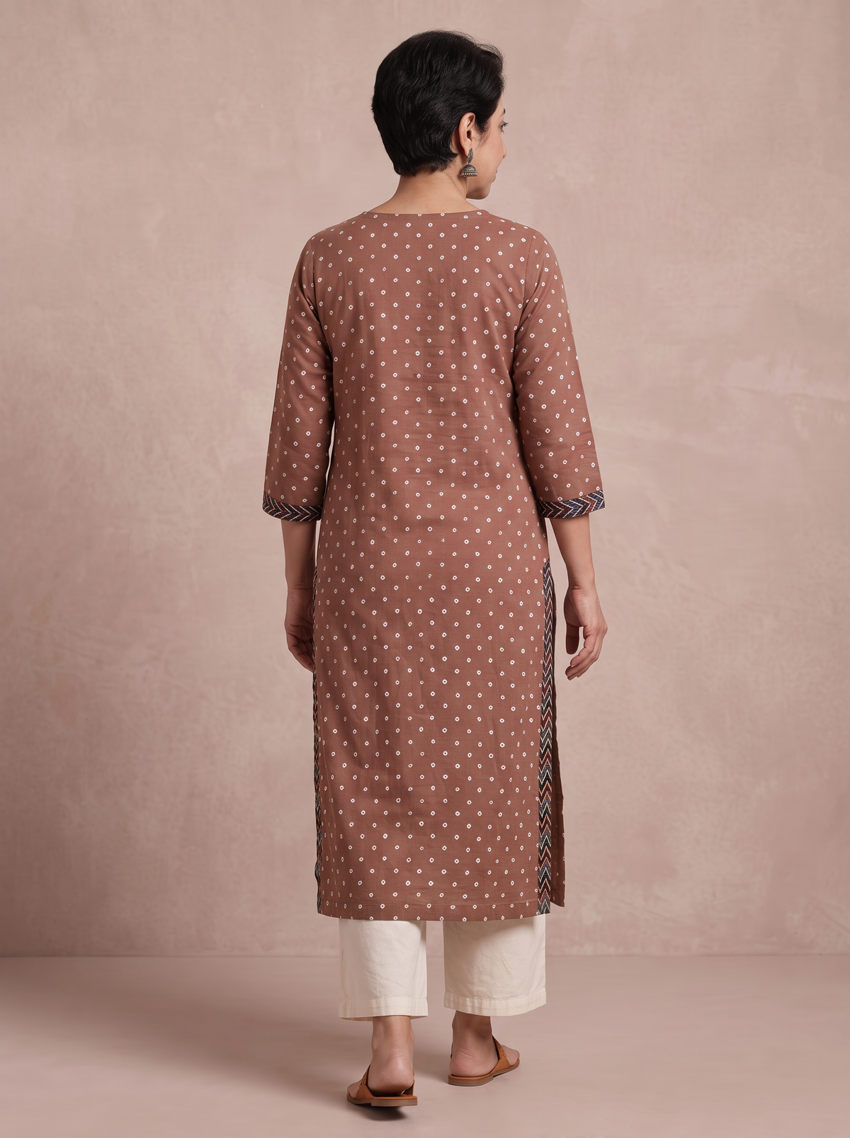 Brown Bandhani Cotton Dots Kurta, back view, straight, calf length, scoop neck, placket, AI visual of the kurta, iTokri