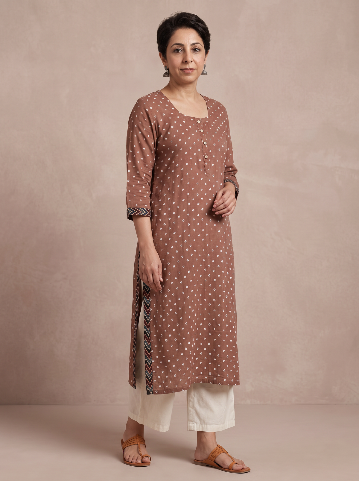Brown Bandhani Cotton Dots Kurta, worn by a woman for casual wear, also daily wear, AI visual of the kurta, iTokri
