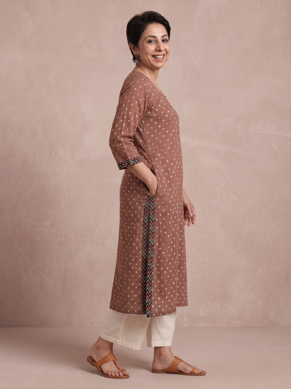 Brown Bandhani Cotton Dots Kurta, side view, straight, calf length, scoop neck, placket, AI visual of the kurta, iTokri