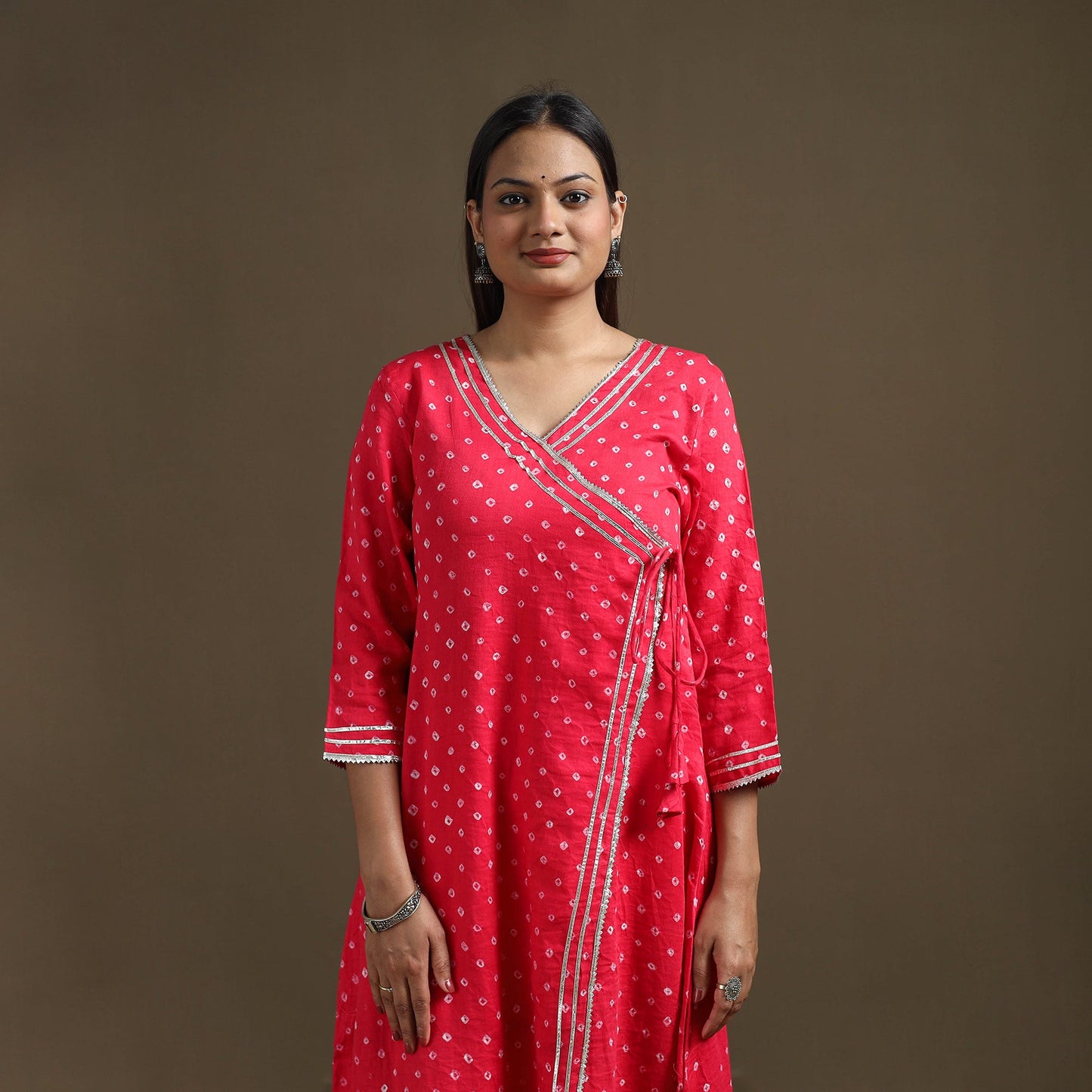 Bandhani tie-dye cotton a-line gota work kurta for women 09