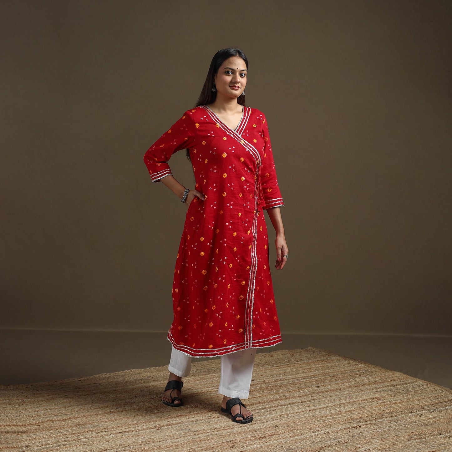 Bandhani tie-dye cotton a-line gota work kurta for women 10