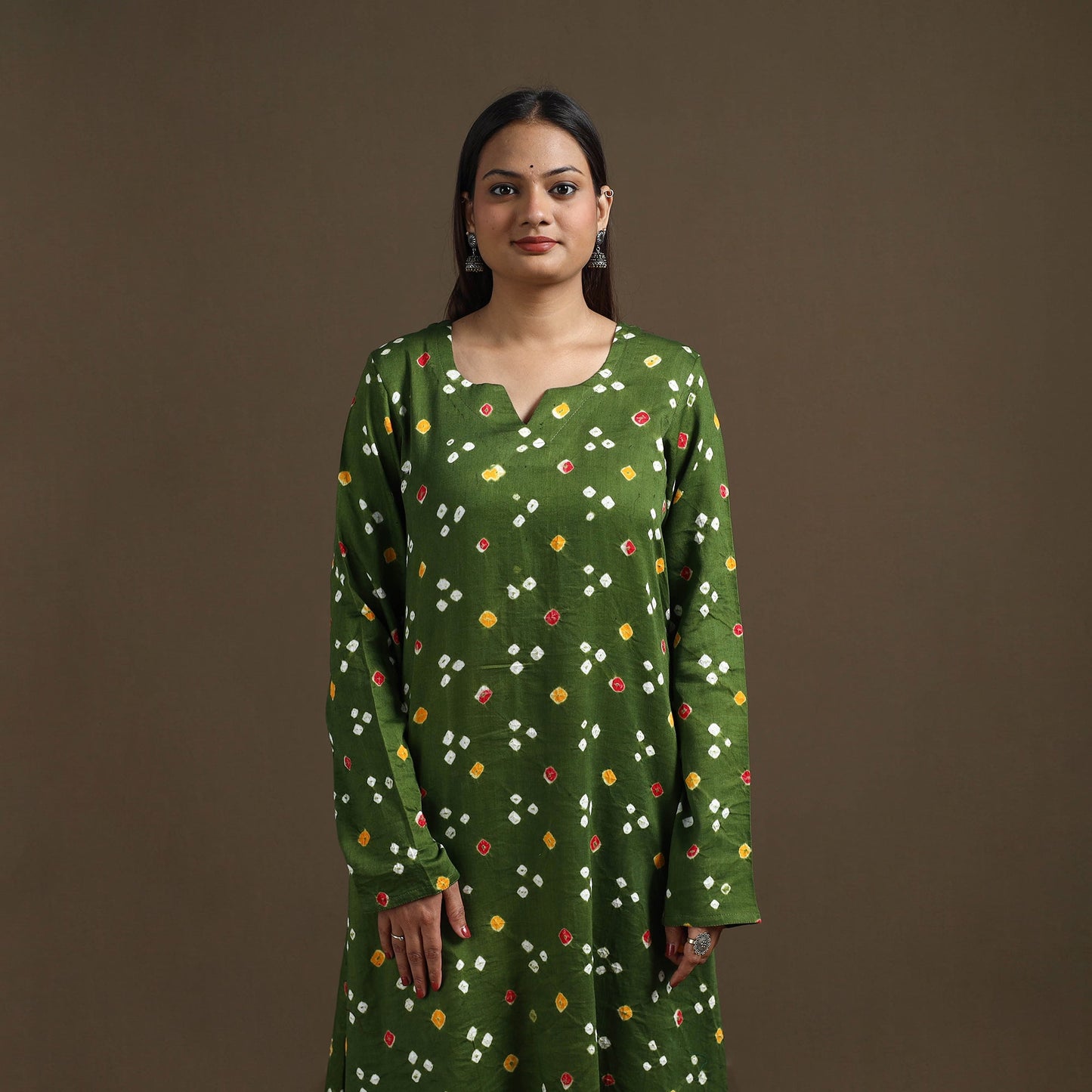 Bandhani tie-dye cotton a-line kurta for women 01