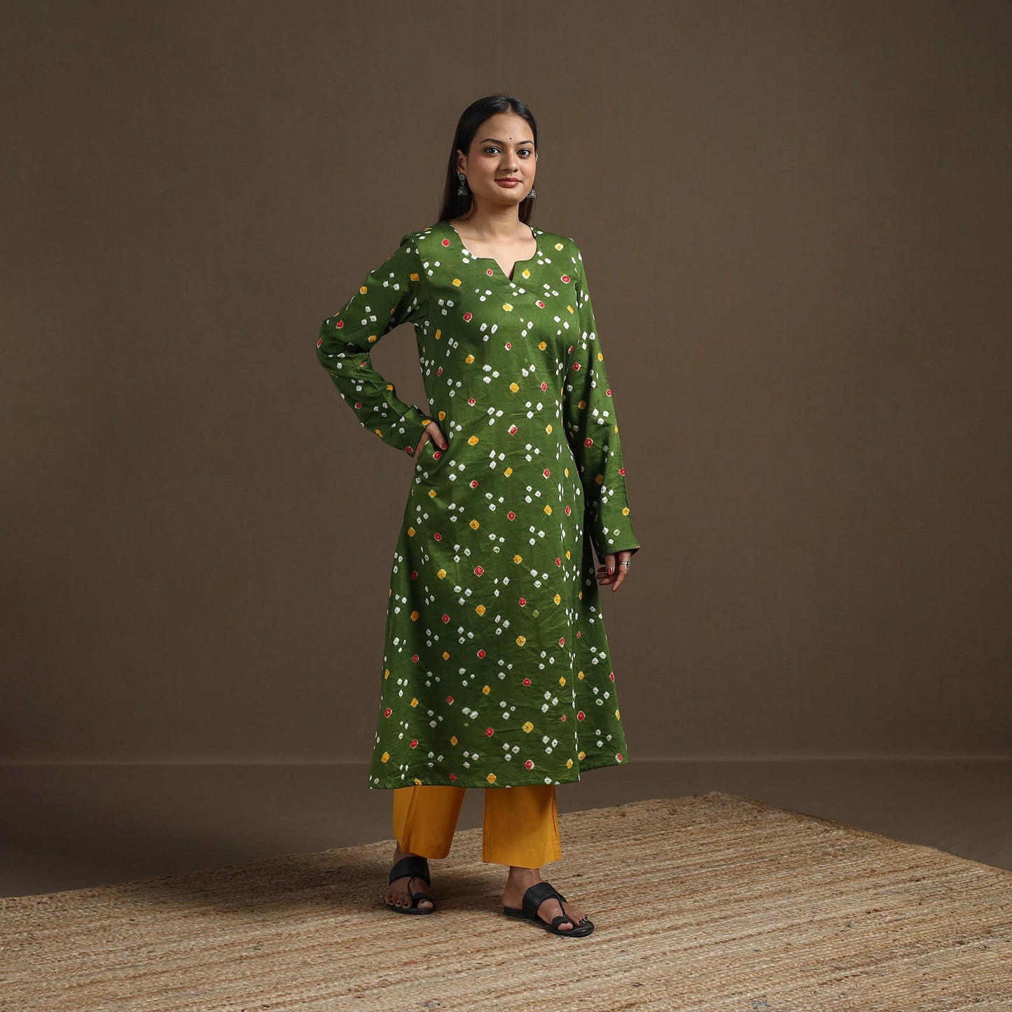 Bandhani tie-dye cotton a-line kurta for women 01
