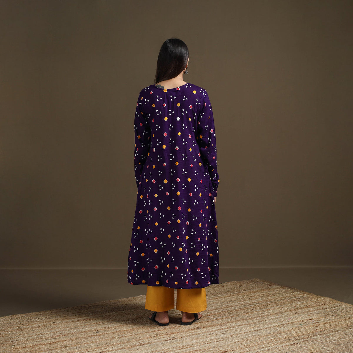 Deep Purple - Bandhani Cotton Multicolour Dots A-Line Kurta 02
