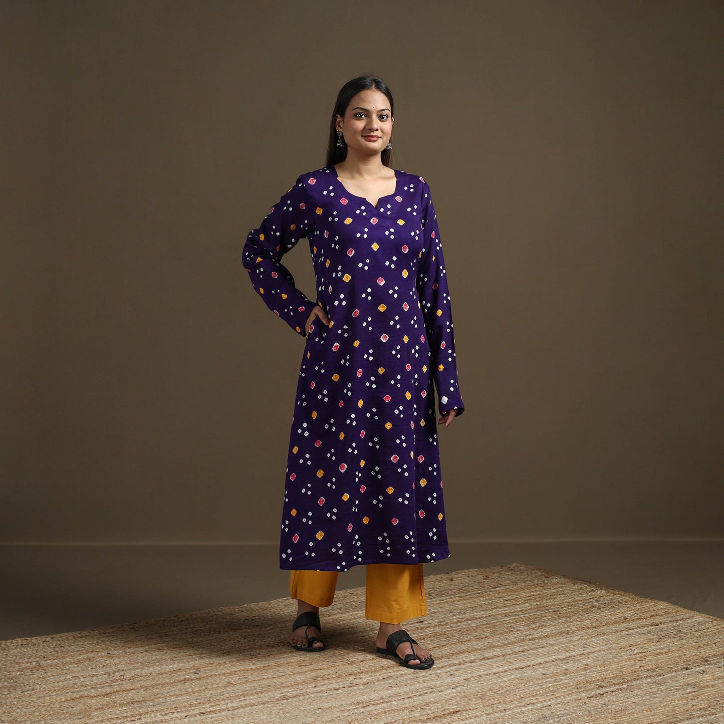 Bandhani tie-dye cotton a-line kurta for women 02