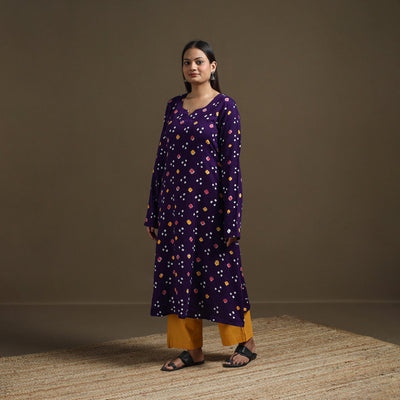 Deep Purple - Bandhani Cotton Multicolour Dots A-Line Kurta 02